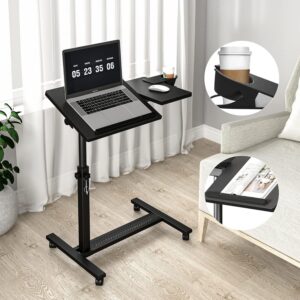 Overbed Bedside Table with Wheels, Height Adjustable Mobile Desk, with Cup Holder for Home & Office, Black