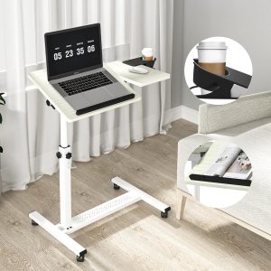 VividGreen Overbed Bedside Table with Wheels, Height Adjustable Mobile Desk, with Cup Holder for Home & Office,White
