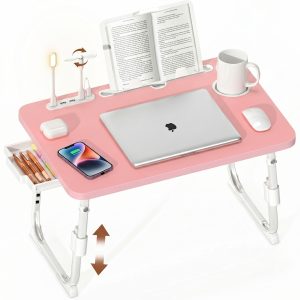 VividGreen Laptop Desk for Bed, Adjustable Laptops Stand,Laptop Bed Desk Tray with Storage Drawer and Cup Holder,Pink