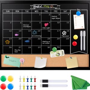VividGreen 24" x 18" Chalkboard Magnetic Dry Erase Monthly Calendar Chalkboard with Wood Frame, Chalkboard Cork Board Combo, Calendar Bulletin Board Memo Planner,Black