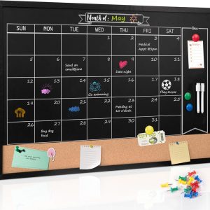VividGreen 36" x 24" Chalkboard Magnetic Dry Erase Monthly Calendar Chalkboard with Wood Frame, Chalkboard Cork Board Combo, Calendar Bulletin Board Memo Planner,Black