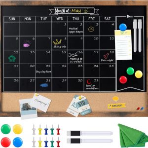 VividGreen Chalkboard Calendar with Cork Board, 36x24 Inch Wood Frame Bulletin Board for Wall, Magnetic Chalk Calendar Board