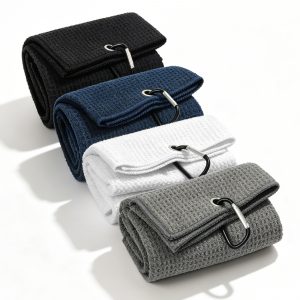 Surprizo 4 Pack Large Golf Towels, 16" x 24" Tri-Fold Portable Microfiber Fabric Waffle Pattern Golf Towel for Golf Bag with Carabiner Clip to Quickly Remove Sand, Mud, Dirt and Swea