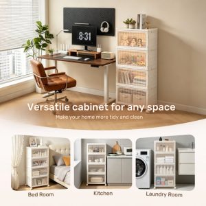 Heeyoo 4-Drawer Wide Plastic Storage Drawer Chest Foldable Storage Cabinet with Wheels White