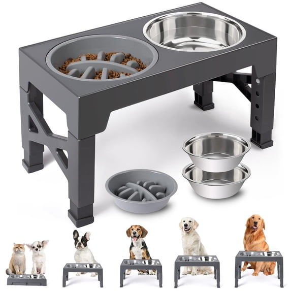 Elevated Dog Bowls, 2 Stainless Steel Dog Food Bowls, Raised Dog Bowl Adjusts to 5 Heights for Small Medium and Large Dogs,Gray