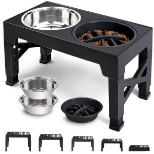 Elevated Dog Bowls - 5 Adjustable Heights Stand, 2 Stainless Steel Bowls & 1 Slow Feeder, for Small to Large Dogs, Black