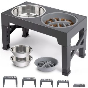 Elevated Dog Bowls - 5 Adjustable Heights Stand, 2 Stainless Steel Bowls & 1 Slow Feeder, for Small to Large Dogs, Gray