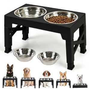 Heeyoo Adjustable Height Plastic Elevated Bowl with 2 Stainless Steel Dog Bowls for Dogs, Black